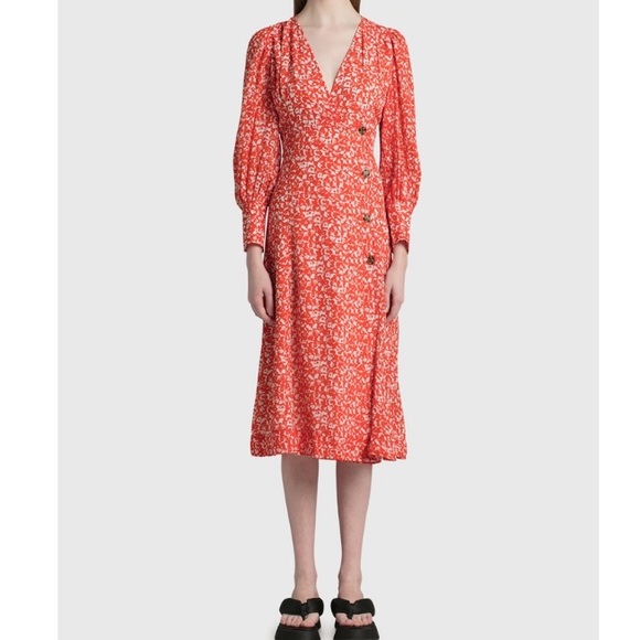 NWT GANNI Balloon-sleeve Floral-print Crepe Midi Dress - Picture 3 of 10